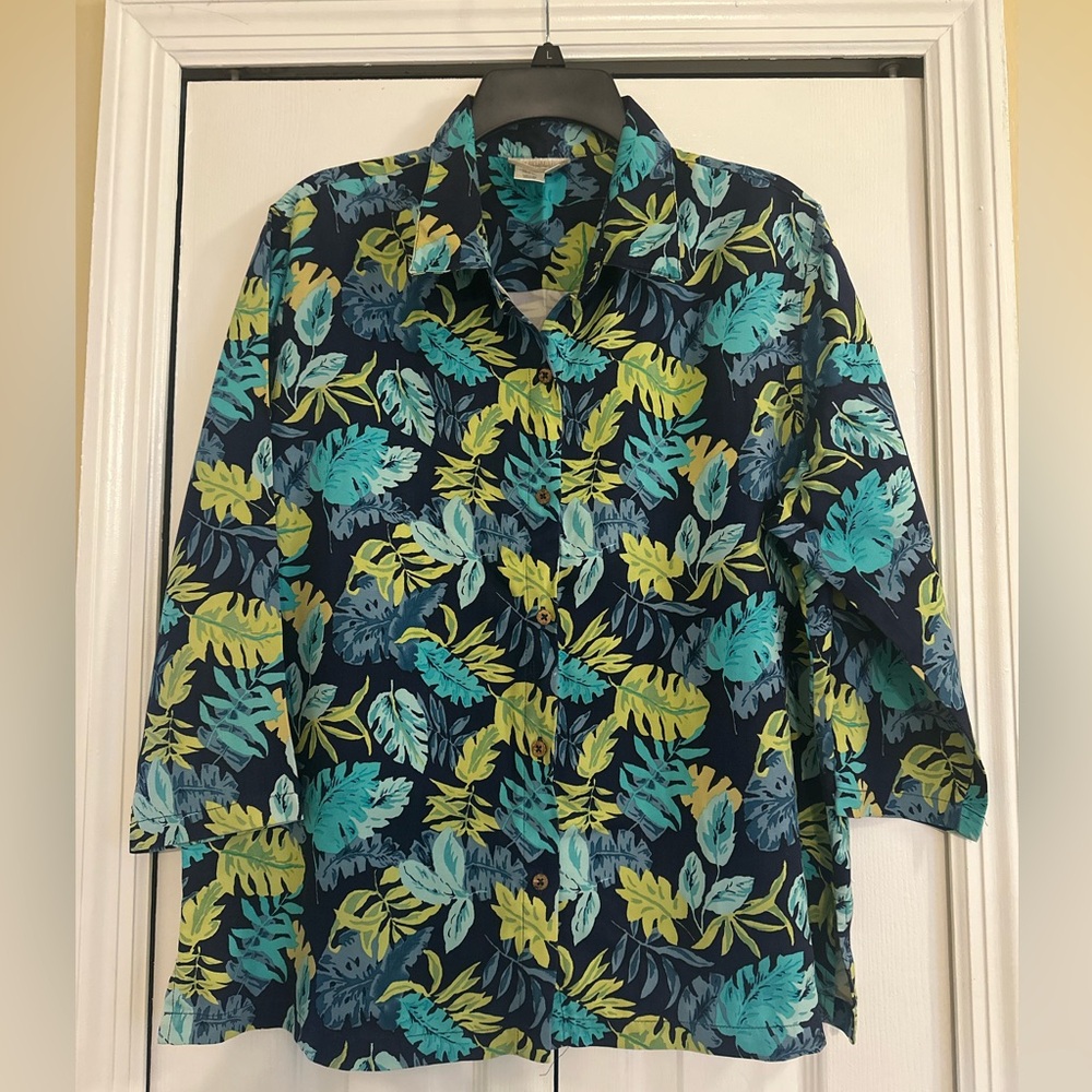 Coldwater Creek Women's Leaf Print Blouse - Blue and Green